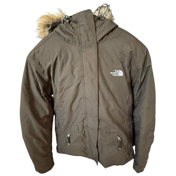 The North Face Goose Down Jacket Medium HyVent Brown Fur Hooded Coat No Belt - Picture 1 of 10